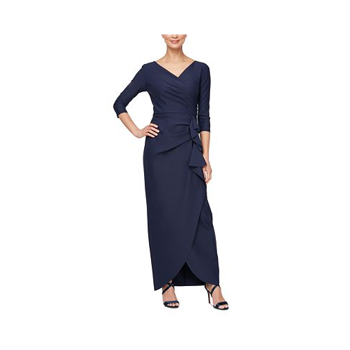 Alex Evenings Womens Compression Surplice Draped 3/4-Sleeve Gown