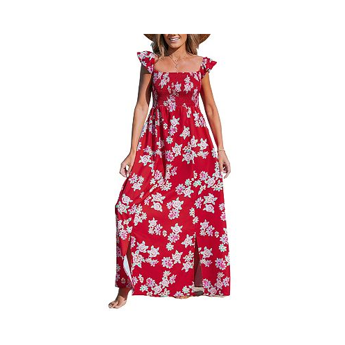 CUPSHE Womens Red Floral Off-Shoulder Flutter Sleeve Maxi Beach Dress