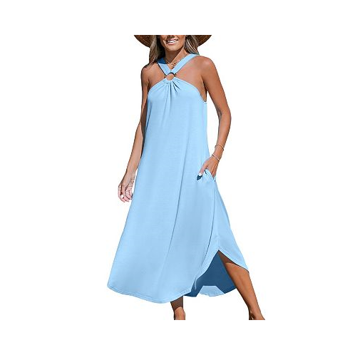 CUPSHE Womens Light Blue High Neck Sleeveless Maxi Beach Dress