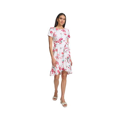 Calvin Klein Womens Floral-Print Faux-Wrap Dress
