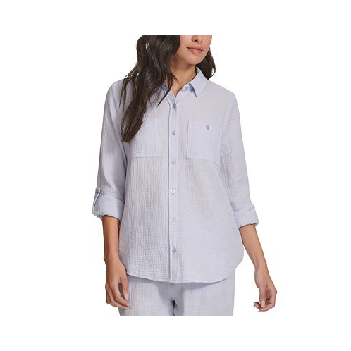 Calvin Klein Jeans Womens Double-Crepe Button-Down Roll-Tab-Sleeve Shirt