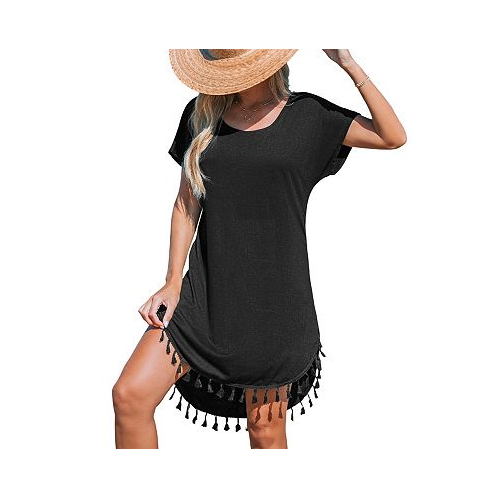 CUPSHE Womens Black Round Neck Short Sleeve Tassel Hem Mini Beach Dress