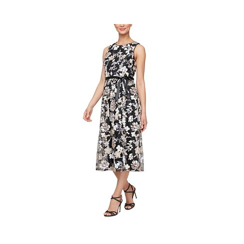 Alex Evenings Womens Sequin Floral Embroidered Sleeveless Fit & Flare Dress