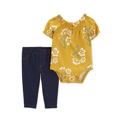 Carters Baby Girls Floral-Print Bodysuit & Knit-Denim Pants 2 Piece Set
