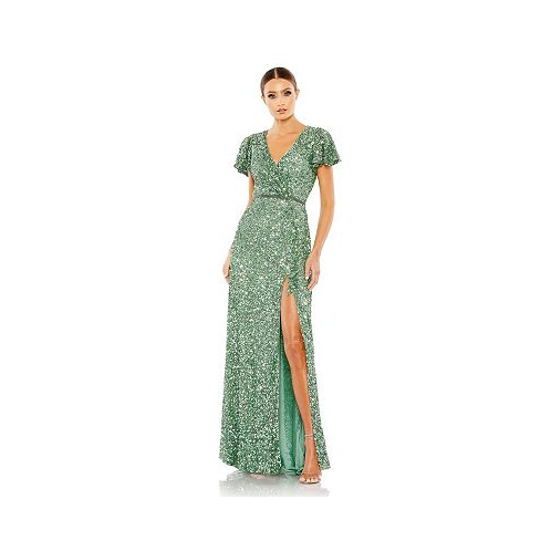 Mac Duggal Womens Sequined Wrap Over Butterfly Sleeve Draped Gown