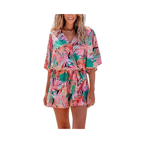 CUPSHE Womens Tropical Surplice Belted Flared Leg Romper