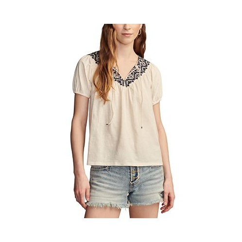 Lucky Brand Womens Embroidered Tie-Neck Peasant Top