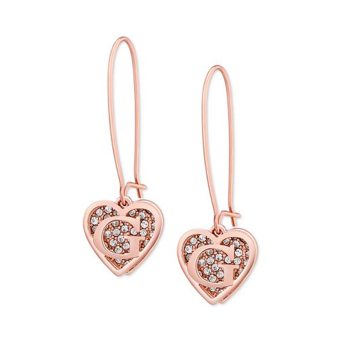 GUESS Rose Gold-Tone Pave Heart Logo Drop Earrings