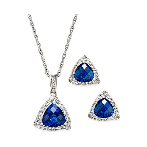 Macys Lab-Grown Blue Sapphire (3 ct. t.w.) and White Sapphire (1/3 ct. t.w.) Pendant Necklace and Matching Stud Earrings Set in Sterling Silver