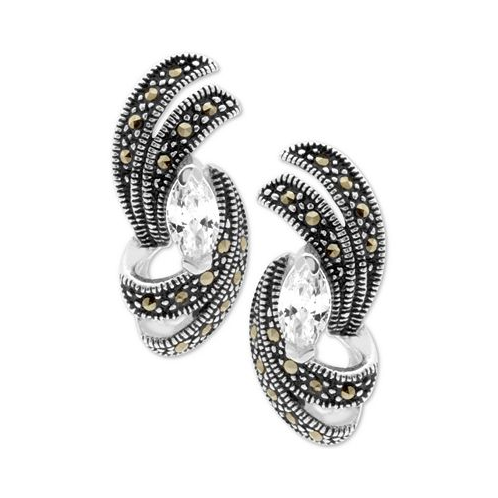 Macys Cubic Zirconia & Marcasite Swirl Stud Earrings in Silver-Plate