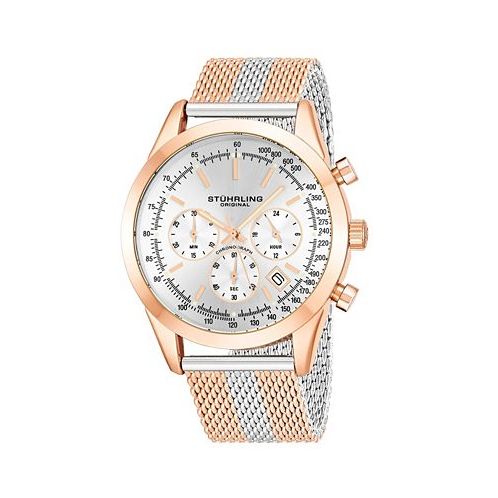 Stuhrling Mens Quartz Chronograph Date Rose Gold-Tone and Silver-Tone Stainless Steel Mesh Bracelet Watch 44mm