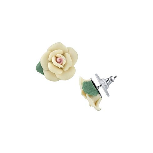 2028 Silver-Tone Large Porcelain Rose Earrings
