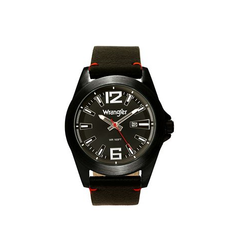 Wrangler Mens Watch 48MM Silver Case Black Dial Black Strap Analog Second Hand Date Function