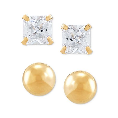 Macys 2-Pc. Set Cubic Zirconia Princess and Polished Round Stud Earrings in 10k Gold