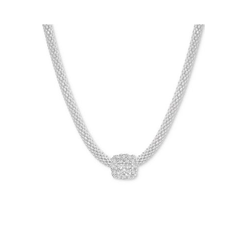 Macys Cubic Zirconia Square Charm Mesh Link Pendant Necklace in Sterling Silver 18 + 2 extender