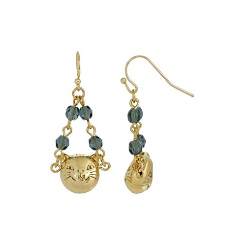 2028 Womens 14K Gold-tone Cat Face with Blue Beaded Chain Drop Wire Earrings