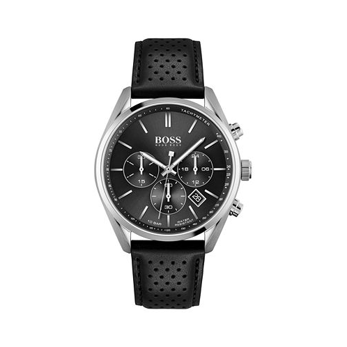 Hugo Boss Mens Chronograph Champion Black Leather Strap Watch 44mm