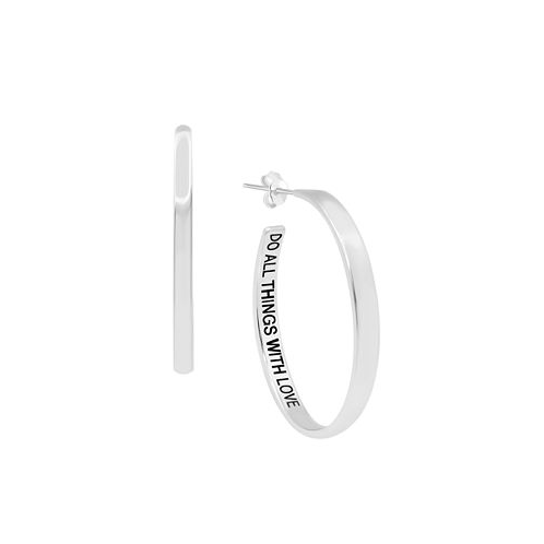 Essentials And Now This Polished Do All Things With Love Message C-Hoop Earring in Silver Plate