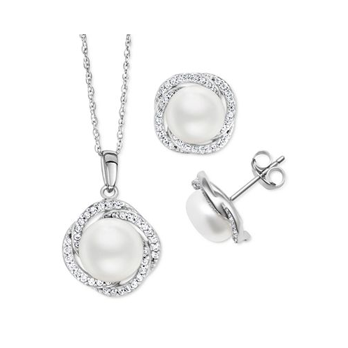 Macys 2-Pc. Set Cultured Freshwater Pearl (9mm) & White Zircon (1-1/5 ct. t.w.) Pendant Necklace & Matching Stud Earrings in Sterling Silver
