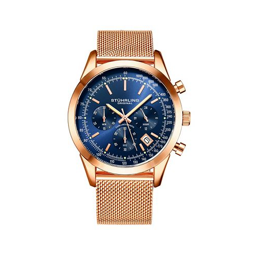 Stuhrling Mens Quartz Chronograph Date Rose Gold-Tone Stainless Steel Mesh Bracelet Watch 44mm