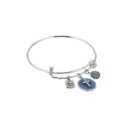 Symbols of Faith Silver-Tone Blue Enamel Crystal Cross Beaded Slide Charm Bracelet