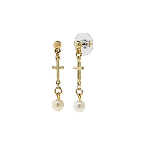 Symbols of Faith 14K Gold Dipped Cross Drop Imitation Pearl Earrings