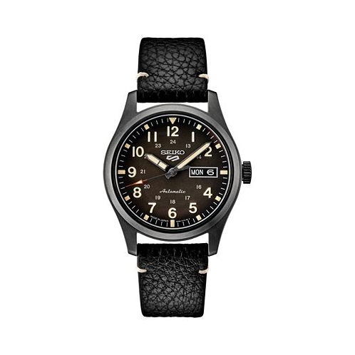Seiko Mens Automatic 5 Sports Black Leather Strap Watch 43mm