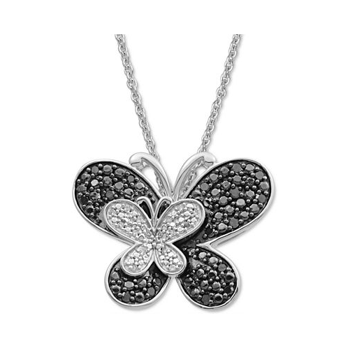 Macys Black Diamond (1/6 ct. t.w.) & White Diamond Accent Double Butterfly Pendant Necklace in Sterling Silver 16 + 2 extender