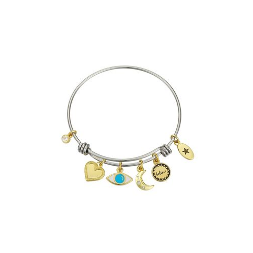 Unwritten Believe Evil Eye Adjustable Bangle Bracelet In Stainless Steel and Gold Flash Plated Charms