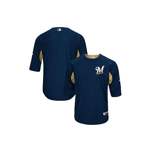 Majestic Mens Navy and Gold-Tone Milwaukee Brewers Authentic Collection On-Field 3 and 4-Sleeve Batting Practice Jersey