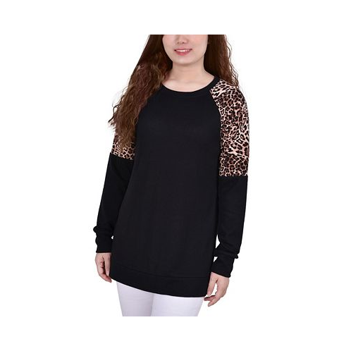 NY Collection Petite Long Raglan Sleeve Tunic with Animal Print Insets Top