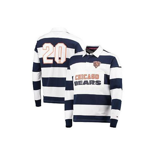Tommy Hilfiger Mens Navy White Chicago Bears Varsity Stripe Rugby Long Sleeve Polo Shirt