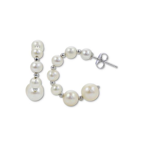 Macys Cultured Freshwater Pearl (4-8mm) & Polished Bead Graduated Hoop Earrings