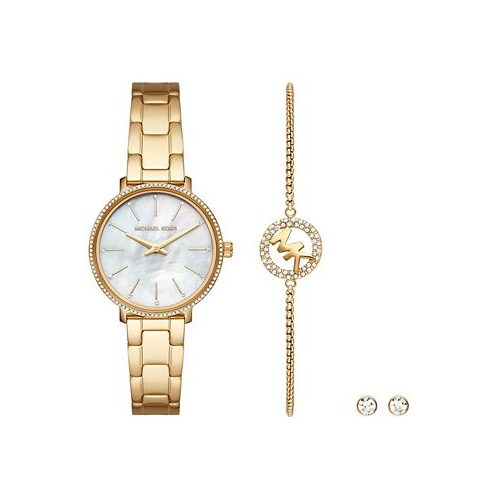 Michael Kors Womens Pyper Two-Hand Gold-Tone Stainless Steel Bracelet Watch 32mm and Earrings Set 3 Pieces