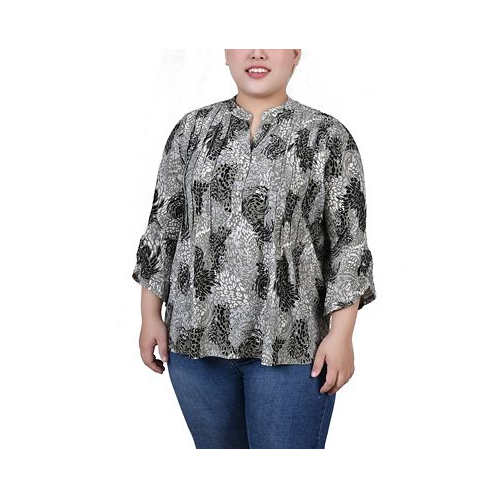 NY Collection Plus Size 3/4 Sleeve Overlapped Bell Sleeve Y-Neck Top