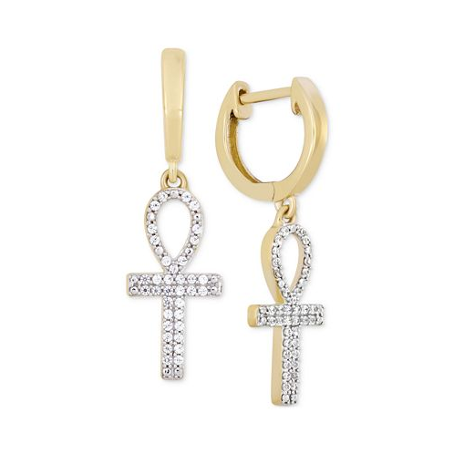 Macys Mens Diamond Ankh Cross Dangle Hoop Earrings (1/6 ct. t.w.) in 10k Gold
