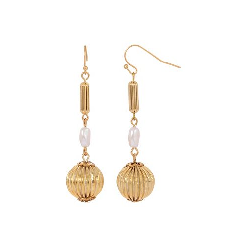 2028 Womens Gold-Tone Round Fluted Bead with Rice Shaped White Imitation Pearl Earrings