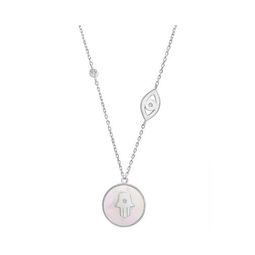 Macys Mother-of-Pearl (10mm) & Cubic Zirconia Hamsa Hand & Evil Eye Pendant Necklace in 14k Gold-Plated Sterling Silver 16 + 2 extender