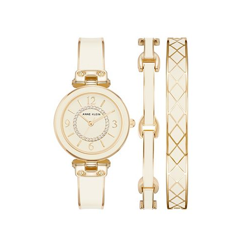Anne Klein Womens Gold-Tone Alloy Bangle with White Enamel and Crystal Accents Fashion Watch 33mm Set 3 Pieces