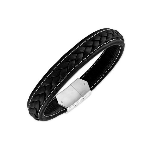 Esquire Mens Jewelry Woven Black Leather Bracelet in Sterling Silver
