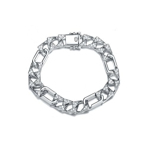 Genevive Mens Sterling Silver White Gold Plated with Iced Out Cubic Zirconia Mixed Cuban Chain Bracelet