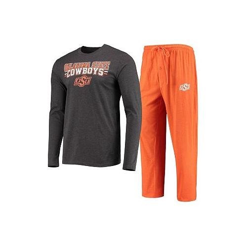Concepts Sport Mens Orange and Heathered Charcoal Oklahoma State Cowboys Meter Long Sleeve T-shirt and Pants Sleep Set