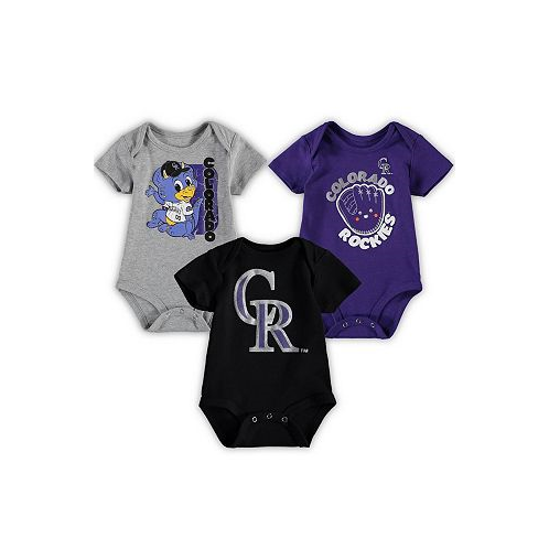 Outerstuff Infant Boys and Girls Black Heathered Gray Purple Colorado Rockies Change Up 3-Pack Bodysuit Set