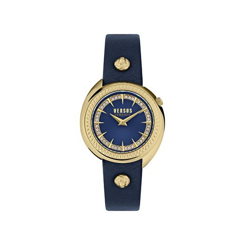 Versus Versace Womens Tortona Crystal 2 Hand Quartz Blue Genuine Leather Watch 38mm
