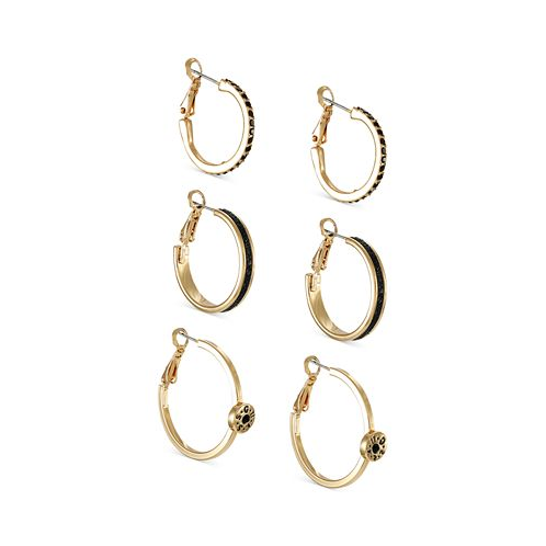 GUESS Gold-Tone 3-Pc. Set Jet Pave & Glitter Hoop Earrings