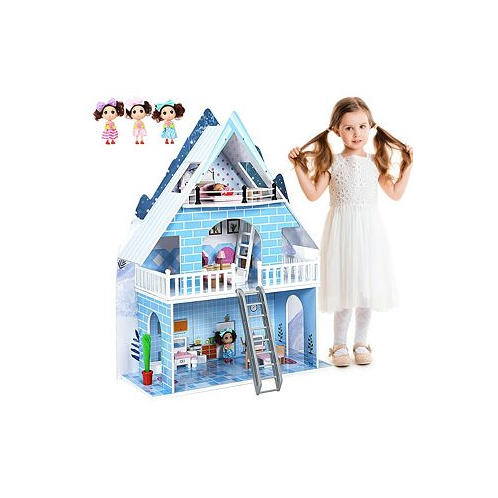 Costway Wooden Dollhouse 3-Story Pretend Playset W/ Furniture & Doll Gift for Age 3+ Year