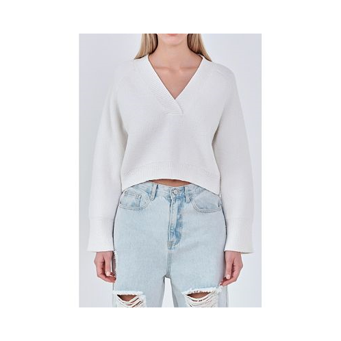 Grey Lab Womens V-neck Cropped Knit Sweater