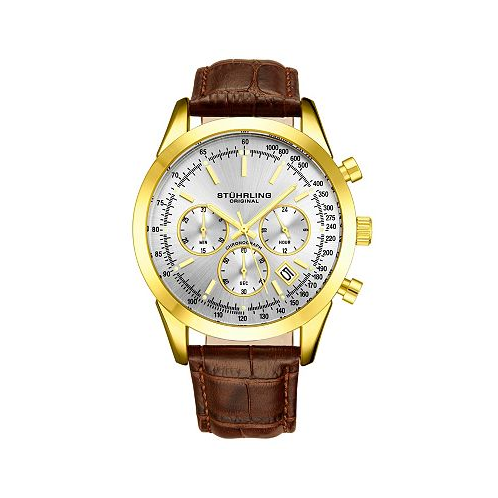 Stuhrling Mens Monaco Brown Leather Silver-Tone Dial 44mm Round Watch