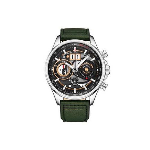 Stuhrling Mens Aviator Green Leather Black Dial 45mm Round Watch