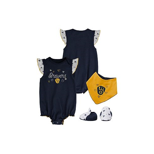 Outerstuff Girls Newborn and Infant Navy Milwaukee Brewers 3-Piece Home Plate Bodysuit Bib and Booties Set